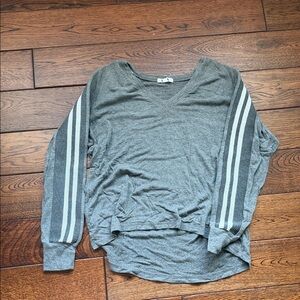 LNA Heather Gray Long-Sleeve V-Neck Top with Stripe Sleeves